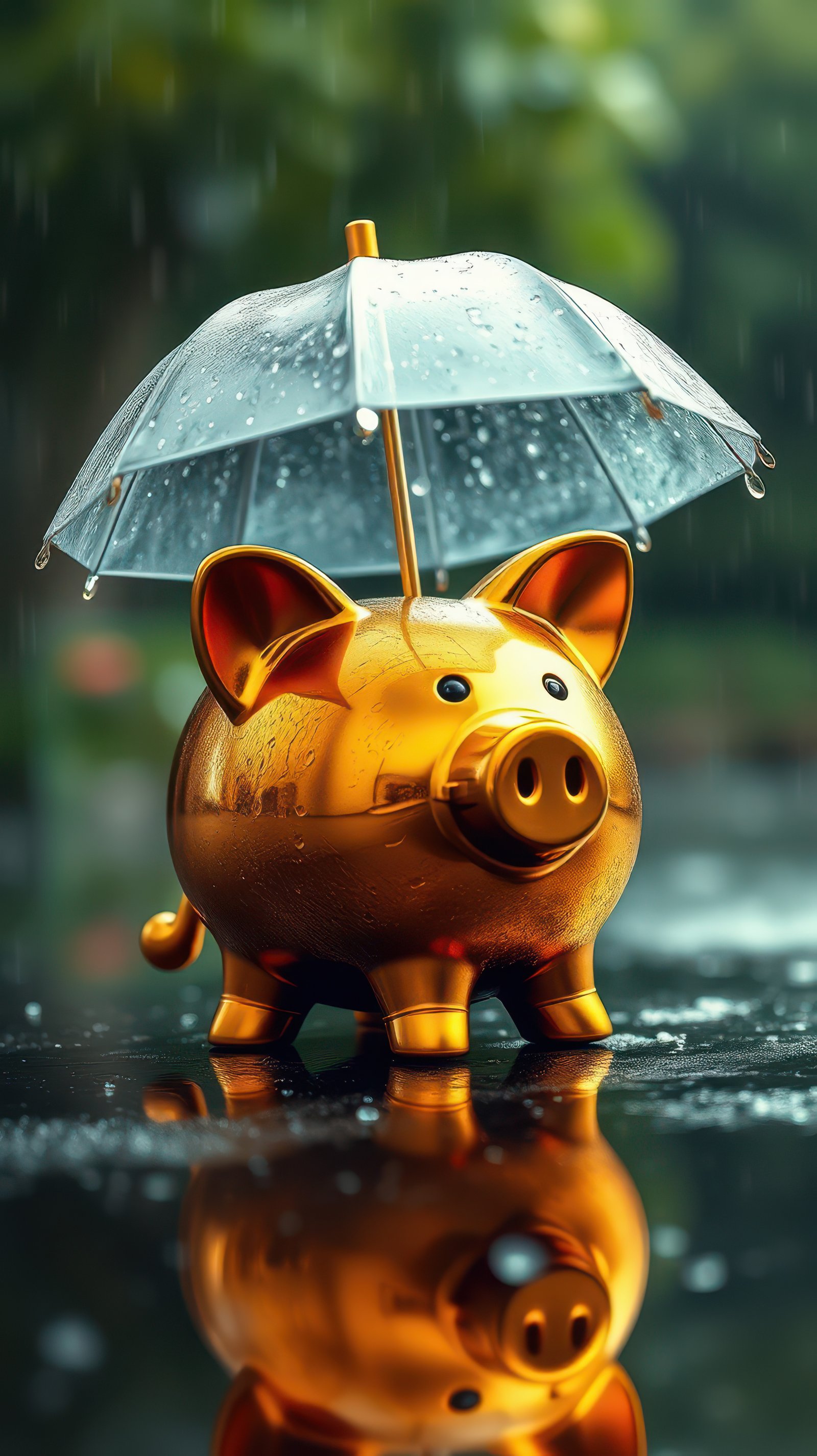 Golden piggy bank with a small umbrella under the rain on a reflective surface in an outdoor setting